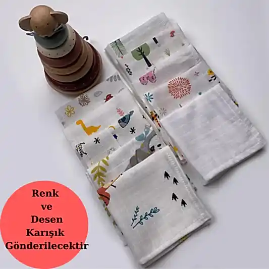 İndirimli Ürün - 10'lu Muslin Ağız Mendili Set - Karışık Desenli