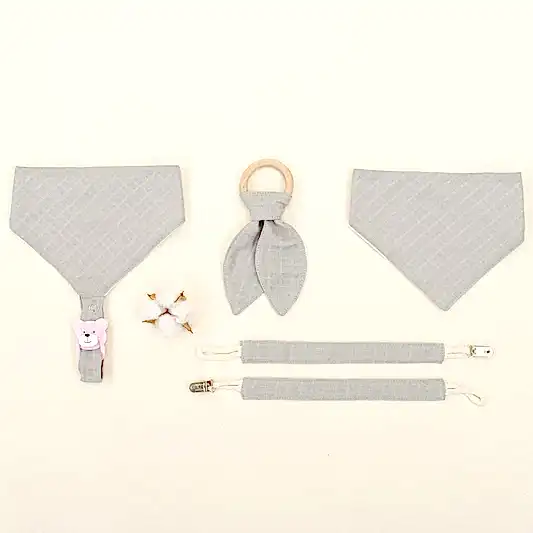 Diş Kaşıyıcı - Emzik Askısı - Salya Önlük Seti - Açık Gri Muslin