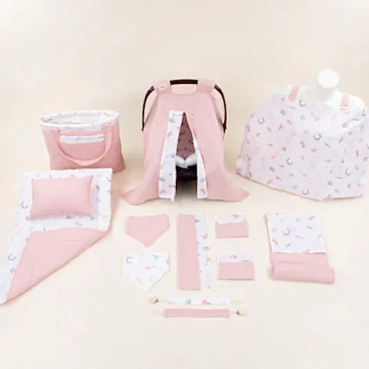 14 Parça Avantajlı Set - Çift Taraflı - Pudra Muslin - Yeşil Çiçekler