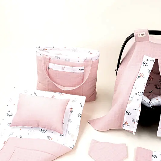 14 Parça Avantajlı Set - Çift Taraflı - Pudra Muslin - Yeşil Çiçekler