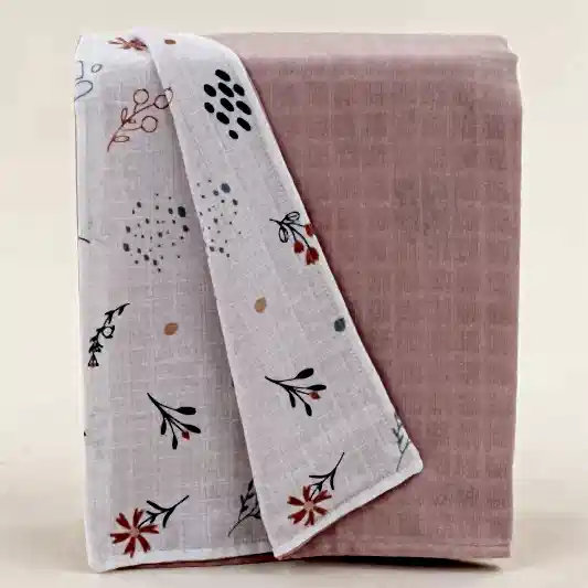 Çift Taraflı Muslin Örtü - Pudra Muslin - Yeşil Çiçekler