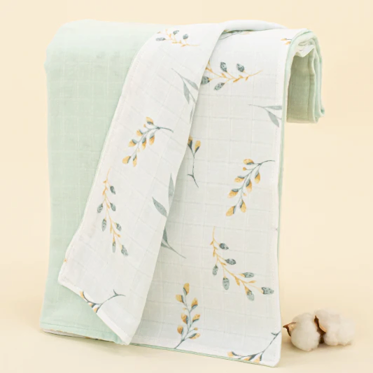 Çift Taraflı Muslin Örtü - Mint Muslin - Yapraklar