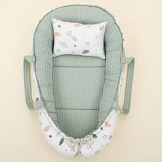 Babynest ve Yastık - Çift Taraflı - Mint Örgü - Kuş