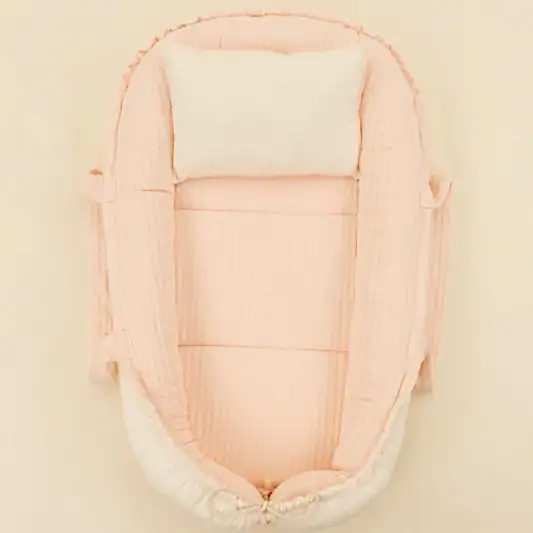 Babynest ve Yastık - Çift Taraflı - Somon Örgü - Krem Muslin
