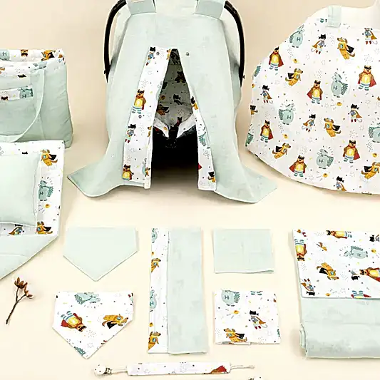 14 Parça Avantajlı Set - Çift Taraflı - Su Yeşili Muslin - Süper Kahramanlar