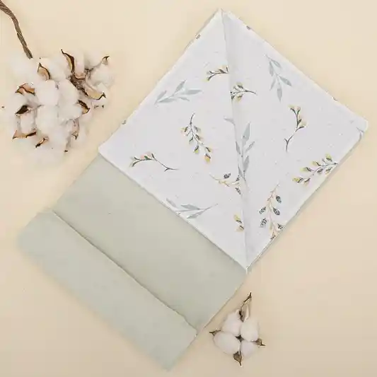 Çift Taraflı Muslin Örtü - Açık Yeşil Muslin - Yapraklar