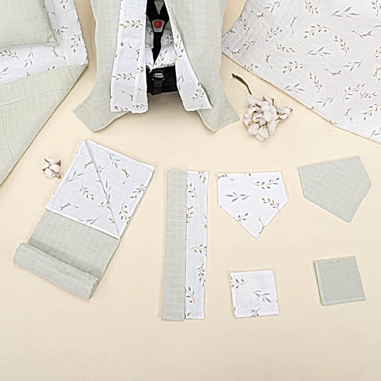 11 Parça Avantajlı Set - Çift Taraflı - Açık Yeşil Muslin - Yapraklar