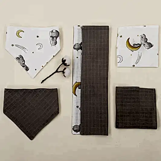 Önlük ve Mendil Seti - Çift Taraflı - Açık Gri Muslin - Gri Tavşan