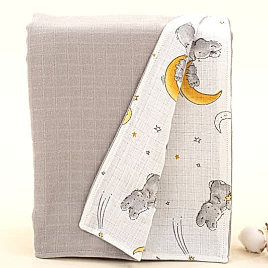 Çift Taraflı Muslin Örtü - Açık Gri Muslin - Gri Tavşan