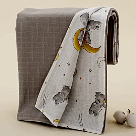Çift Taraflı Muslin Örtü - Açık Gri Muslin - Gri Tavşan