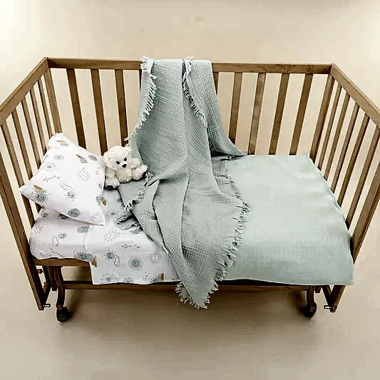 Bebek Muslin Nevresim Seti (Dört Katlı Muslin Battaniye , Yorgan Kılıfı , Yastık Kılıfı , Lastikli Çarşaf) - Mint Dört Katlı Muslin Battaniye - Mint Muslin - Su Yeşili Güneş