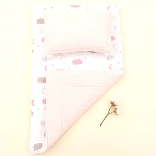 Alt Açma Matı ve Yastık  - Çift Taraflı - Şeker Pembe Örgü - Pembe Bulut