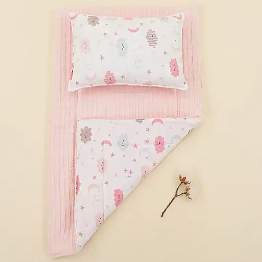 Alt Açma Matı ve Yastık - Çift Taraflı - Şeker Pembe Örgü - Pembe Bulut