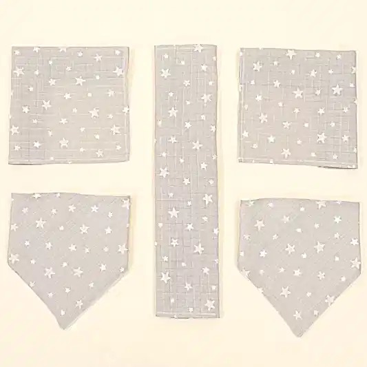 Önlük ve Mendil Seti - Tek Taraflı - Gri Minik Yıldızlar