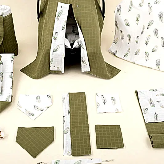 14 Parça Avantajlı Set - Çift Taraflı - Koyu Fıstık Yeşili Muslin - Yeşil Tüy