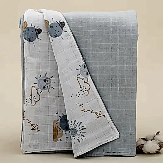 Çift Taraflı Muslin Örtü - Bebe Mavi Muslin - Mavi Güneş