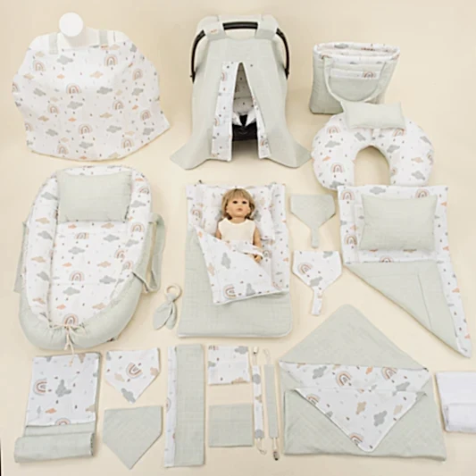 25 Parça Full Set - Çift Taraflı - Açık Yeşil Muslin - Yeşil Gökkuşağı