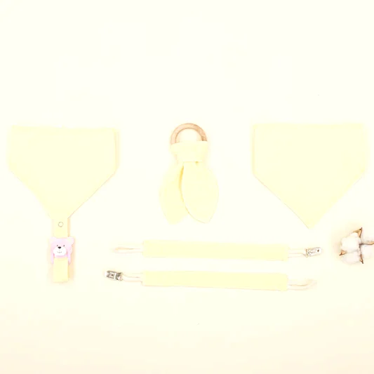 Diş Kaşıyıcı - Emzik Askısı - Salya Önlük Seti - Sarı Muslin