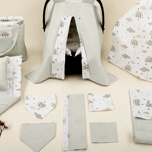 14 Parça Avantajlı Set - Çift Taraflı - Açık Yeşil Muslin - Yeşil Gökkuşağı