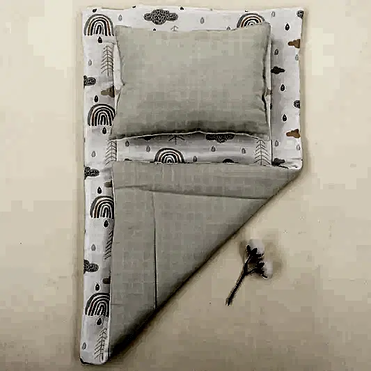 Alt Açma Matı ve Yastık - Çift Taraflı - Açık Yeşil Muslin - Yeşil Gökkuşağı