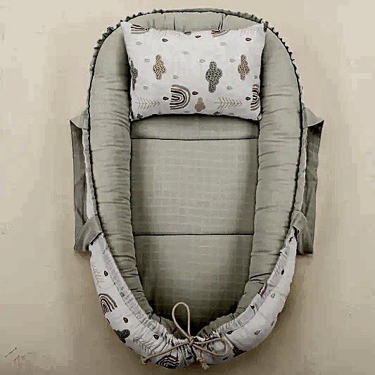 Babynest ve Yastık - Çift Taraflı - Açık Yeşil Muslin - Yeşil Gökkuşağı