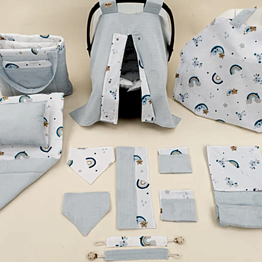 14 Parça Avantajlı Set - Çift Taraflı - Bebe Mavisi Muslin - Mavi Gökkuşağı
