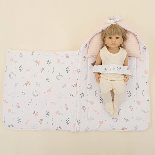 Uyku Tulumu ve Yastık - Somon Örgü - Yeşil Çiçekler