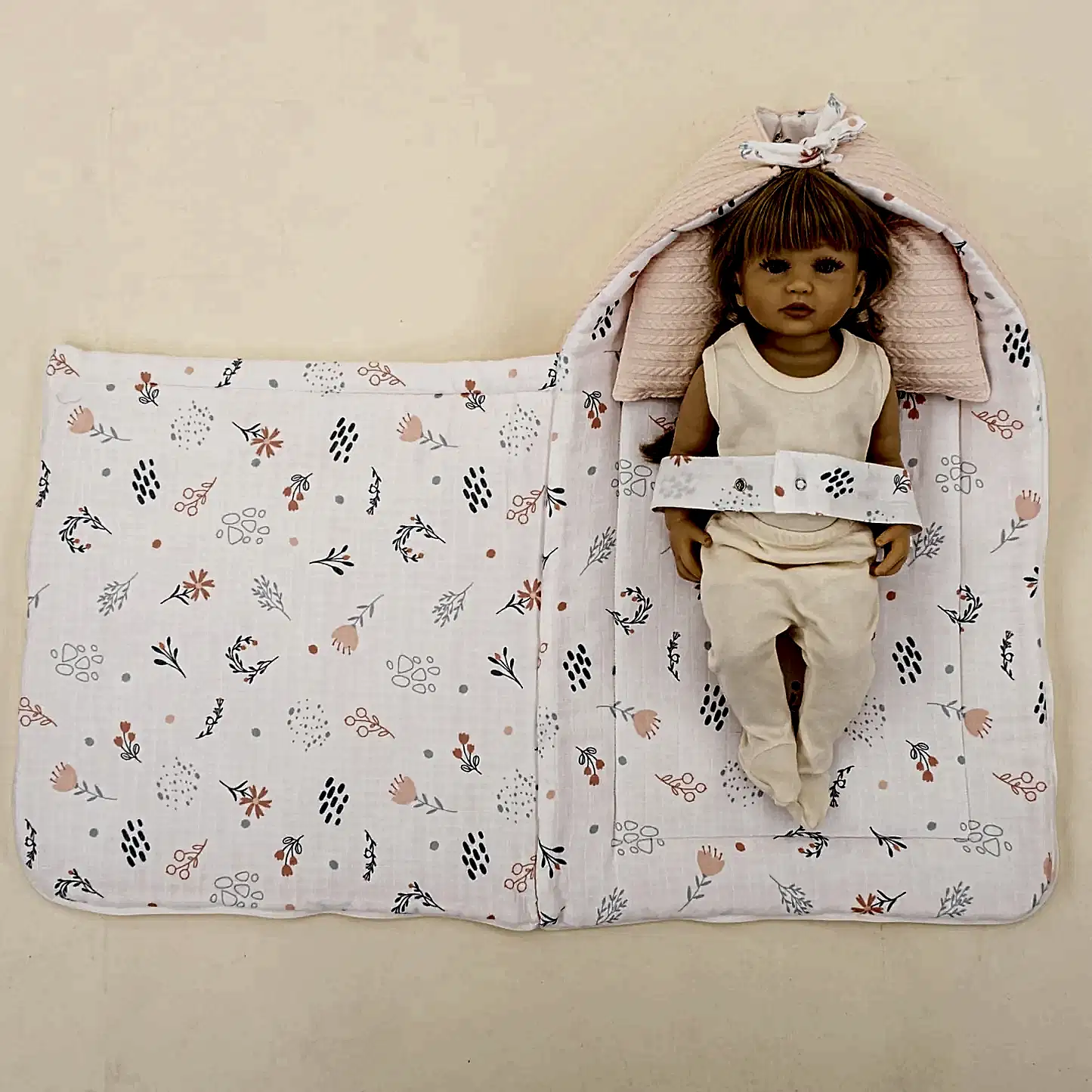 Uyku Tulumu ve Yastık - Somon Örgü - Yeşil Çiçekler