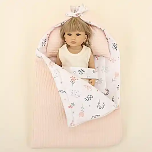 Uyku Tulumu ve Yastık - Somon Örgü - Yeşil Çiçekler