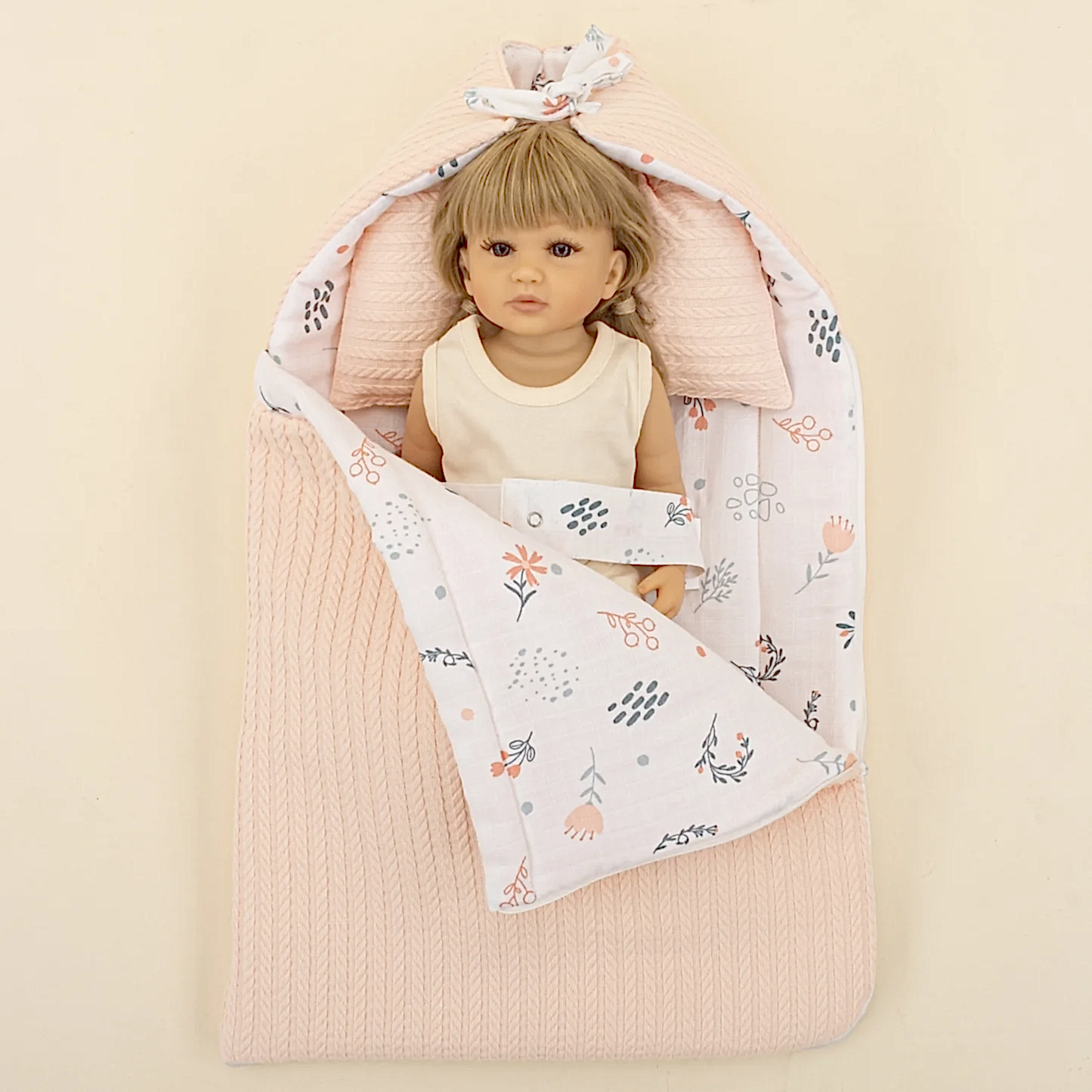 Uyku Tulumu ve Yastık - Somon Örgü - Yeşil Çiçekler