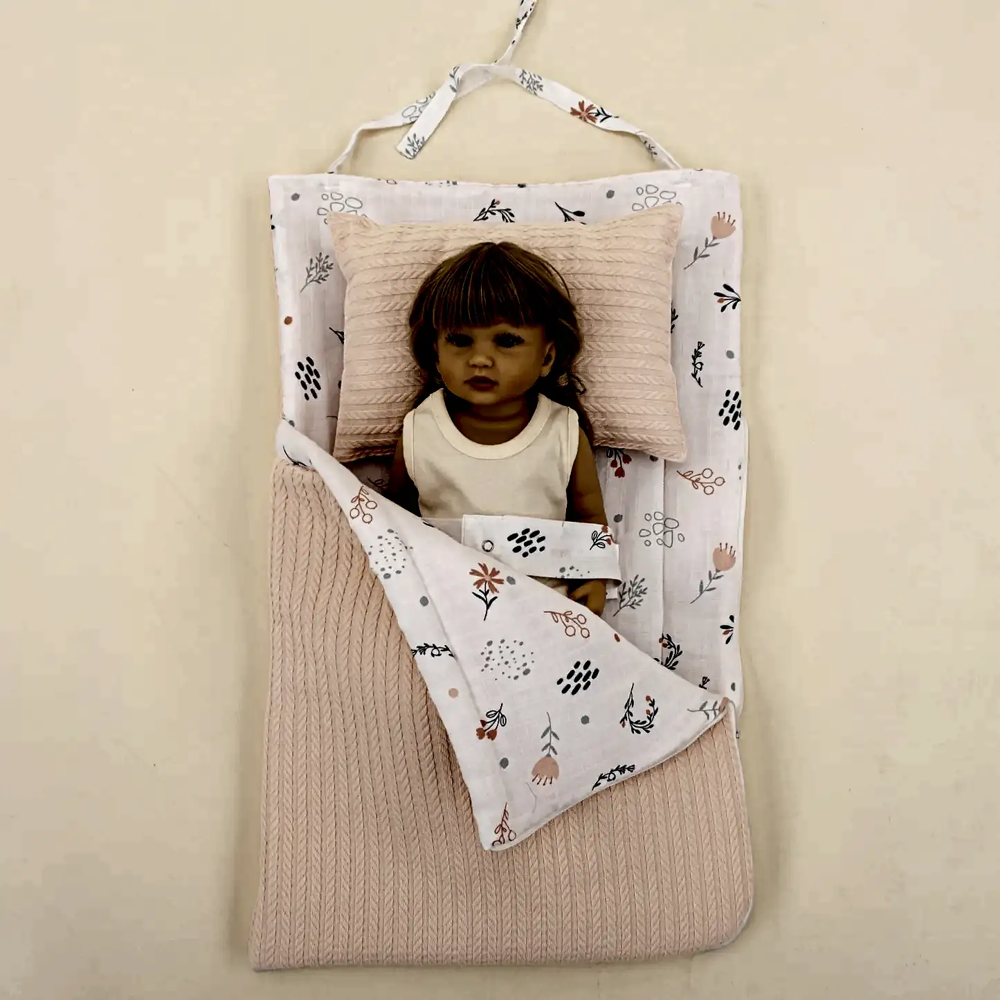 Uyku Tulumu ve Yastık - Somon Örgü - Yeşil Çiçekler