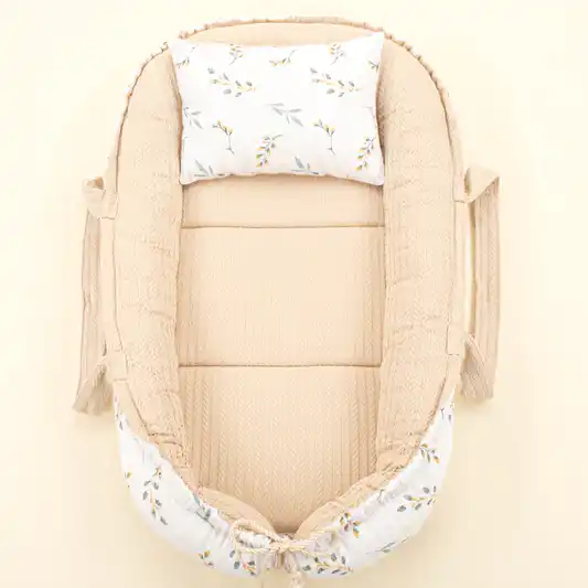 Babynest ve Yastık - Çift Taraflı - Sütlü Kahve Örgü - Yapraklar