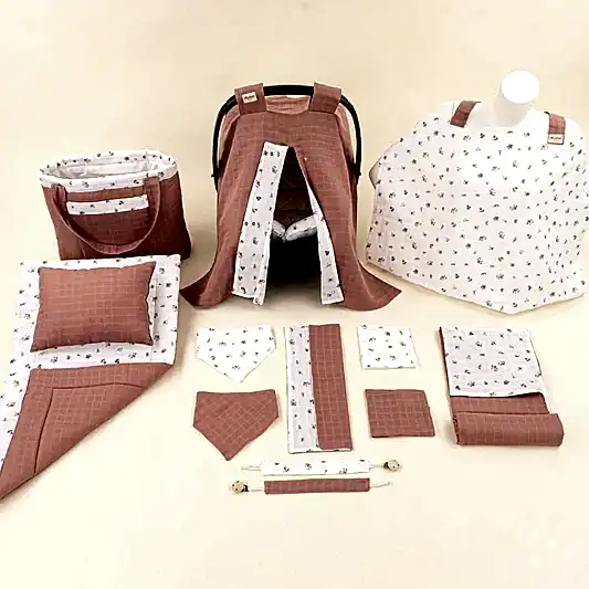 14 Parça Avantajlı Set - Çift Taraflı - Gül Kurusu Muslin - Çiçekler