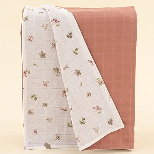 Çift Taraflı Muslin Örtü - Gül Kurusu Muslin - Çiçekler