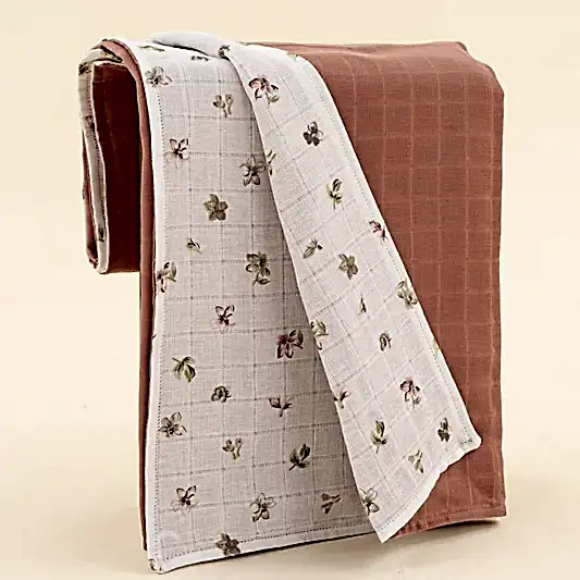 Çift Taraflı Muslin Örtü - Gül Kurusu Muslin - Çiçekler