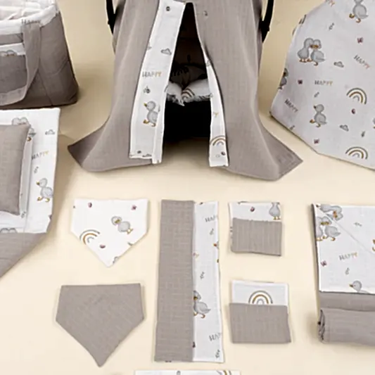 14 Parça Avantajlı Set - Çift Taraflı - Gri Muslin - Ördekler