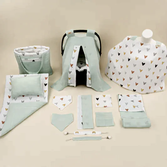 14 Parça Avantajlı Set - Çift Taraflı - Su Yeşili Muslin - Kalpler