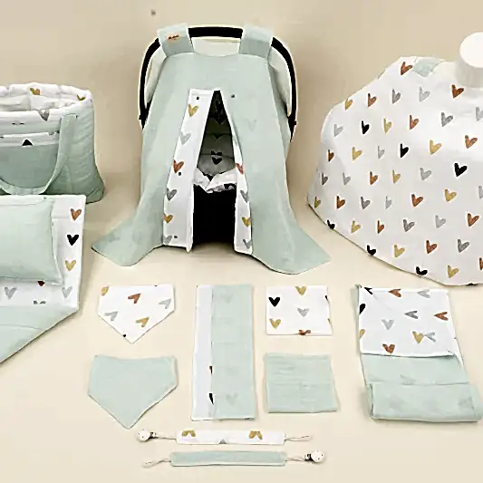 14 Parça Avantajlı Set - Çift Taraflı - Su Yeşili Muslin - Kalpler