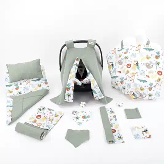 11 Parça Avantajlı Set - Çift Taraflı - Haki Muslin - Hayvanat Bahçesi