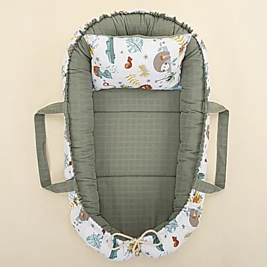 Babynest ve Yastık - Çift Taraflı - Haki Muslin - Hayvanat Bahçesi