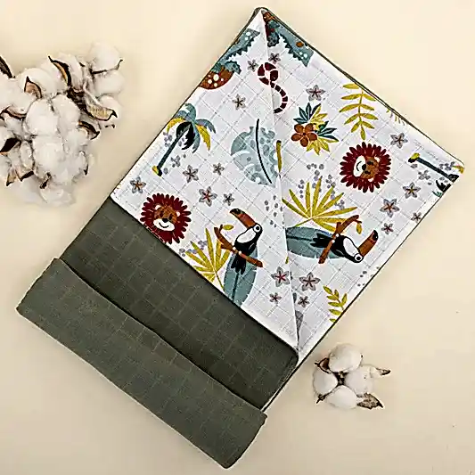 Çift Taraflı Muslin Örtü - Haki Muslin - Hayvanat Bahçesi