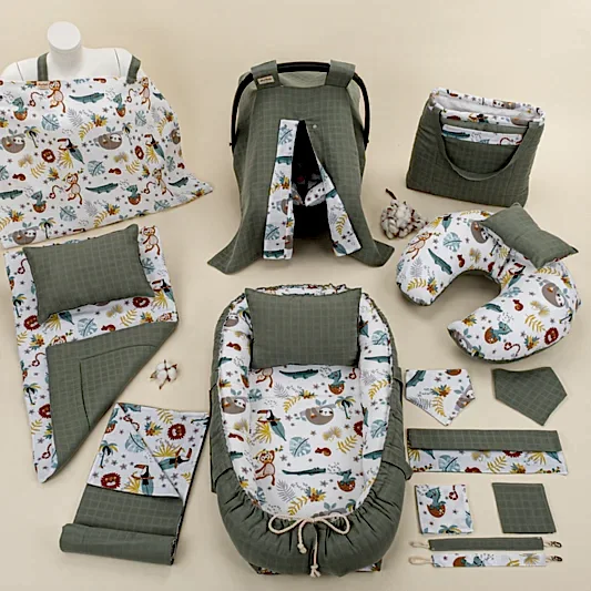 18 Parça Full Set - Çift Taraflı - Haki Muslin - Hayvanat Bahçesi