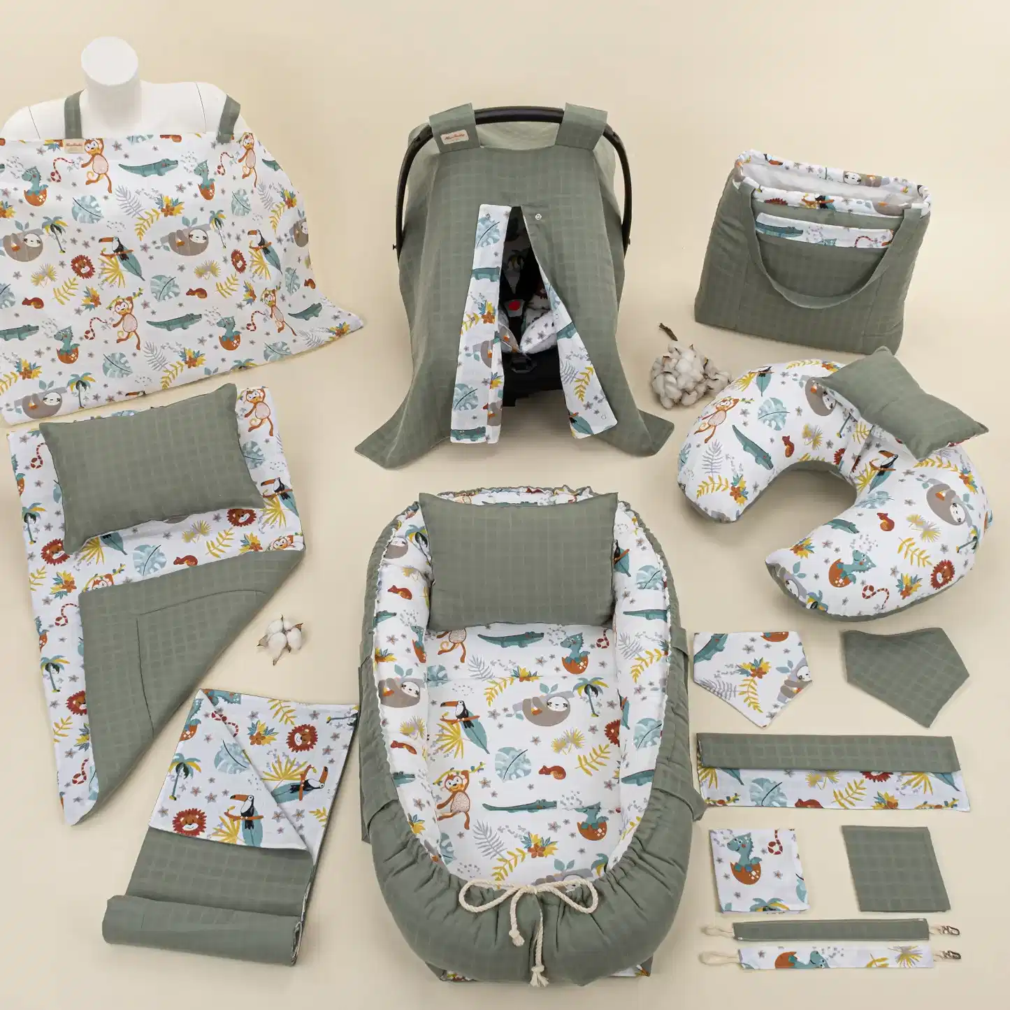 18 Parça Full Set - Çift Taraflı - Haki Muslin - Hayvanat Bahçesi