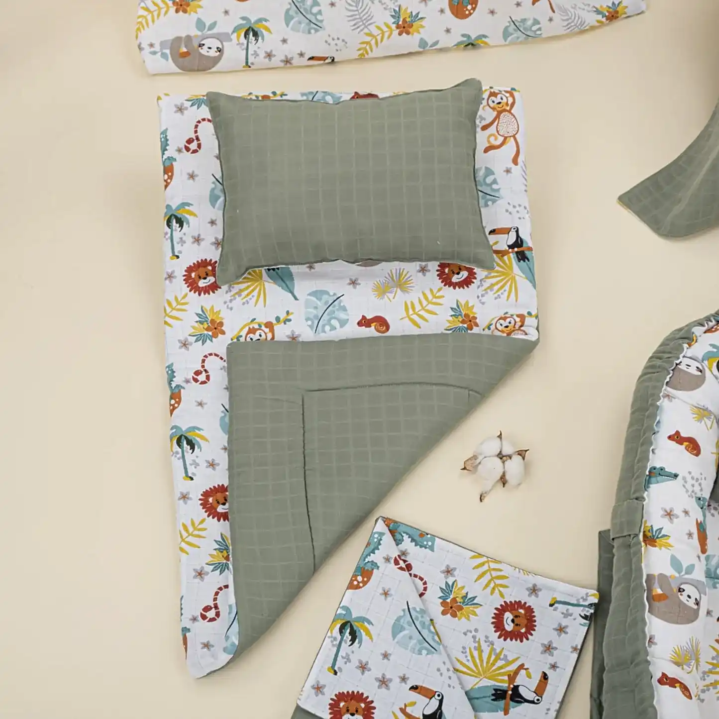 18 Parça Full Set - Çift Taraflı - Haki Muslin - Hayvanat Bahçesi