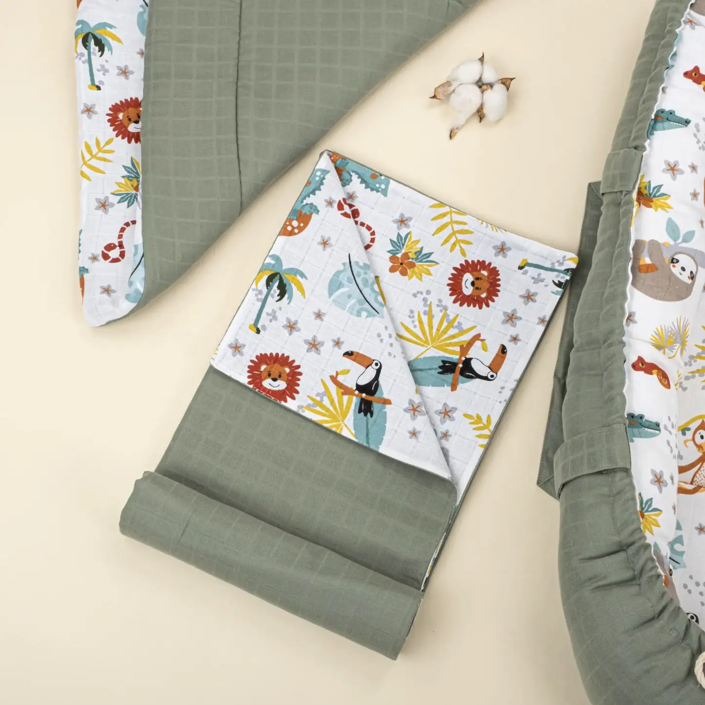 18 Parça Full Set - Çift Taraflı - Haki Muslin - Hayvanat Bahçesi