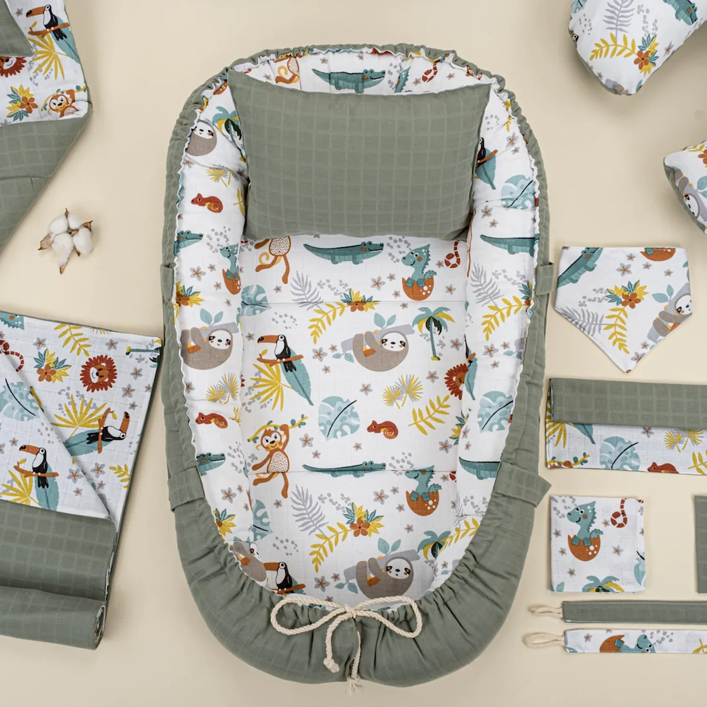 18 Parça Full Set - Çift Taraflı - Haki Muslin - Hayvanat Bahçesi