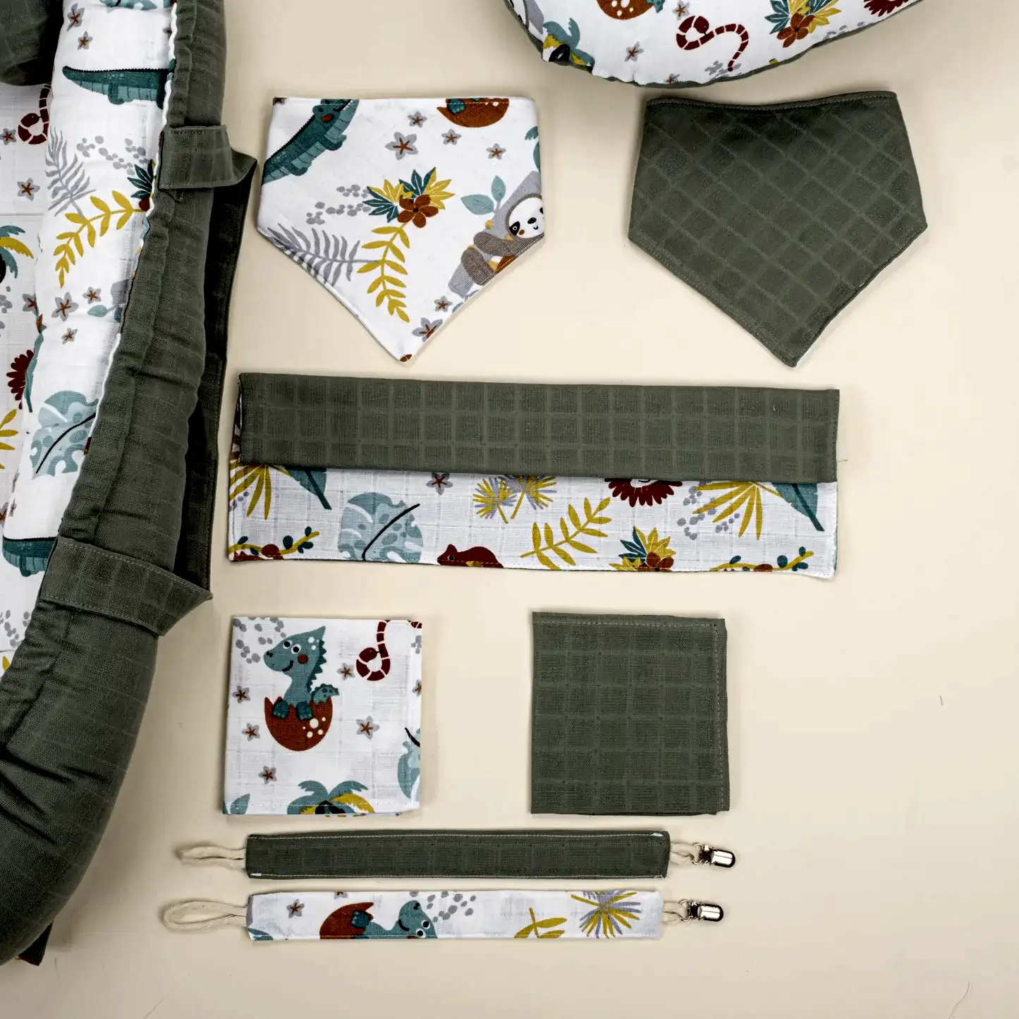 18 Parça Full Set - Çift Taraflı - Haki Muslin - Hayvanat Bahçesi