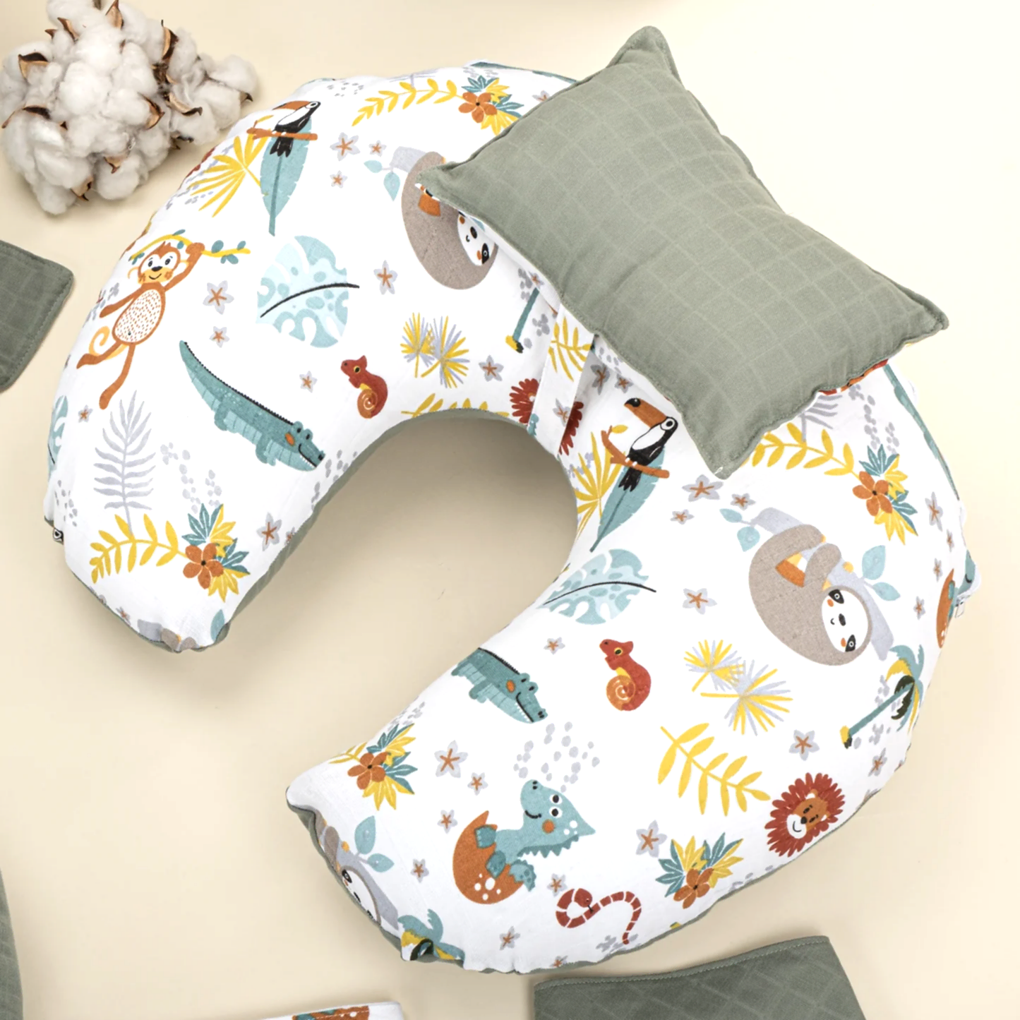 18 Parça Full Set - Çift Taraflı - Haki Muslin - Hayvanat Bahçesi