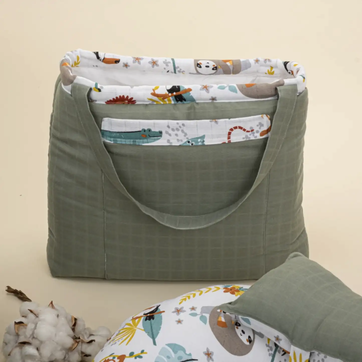 18 Parça Full Set - Çift Taraflı - Haki Muslin - Hayvanat Bahçesi