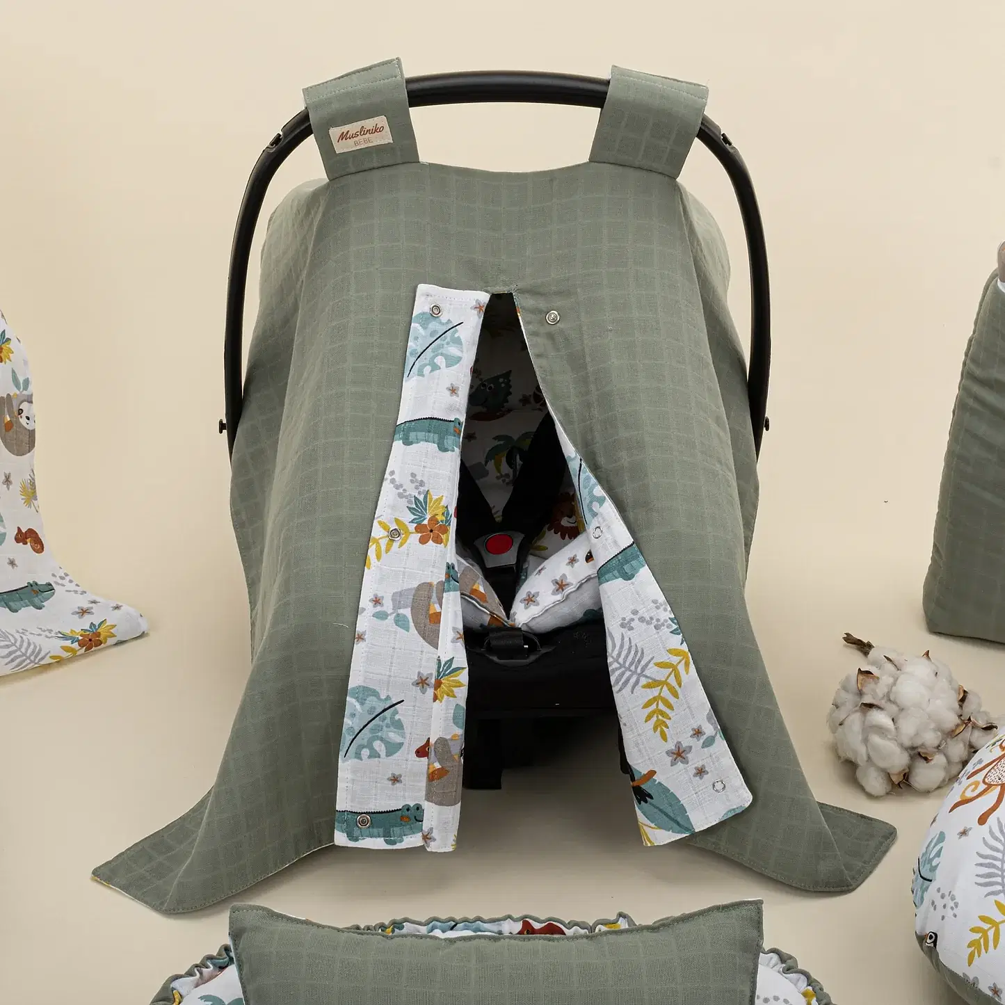 18 Parça Full Set - Çift Taraflı - Haki Muslin - Hayvanat Bahçesi